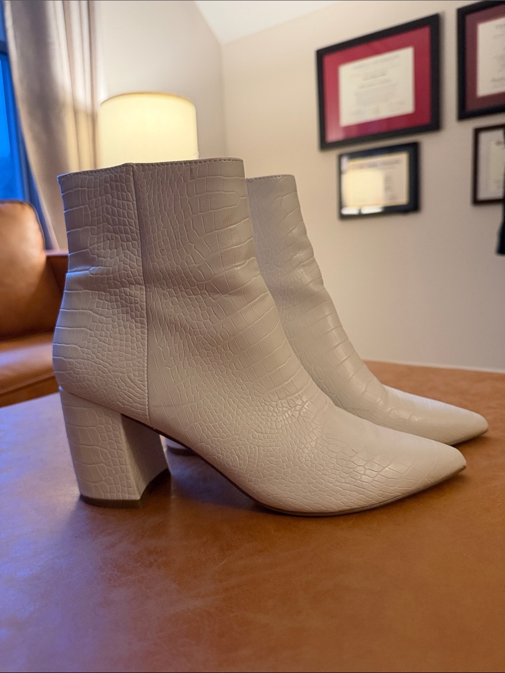 Steve Madden White Croc-Embossed Pointed Ankle Boots